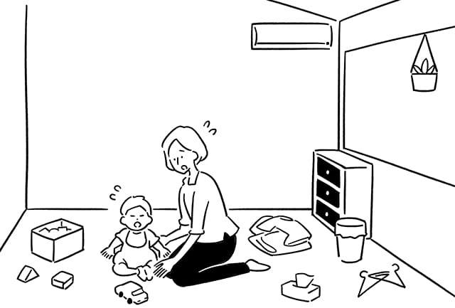 ワンオペで子育てする女性のイラスト