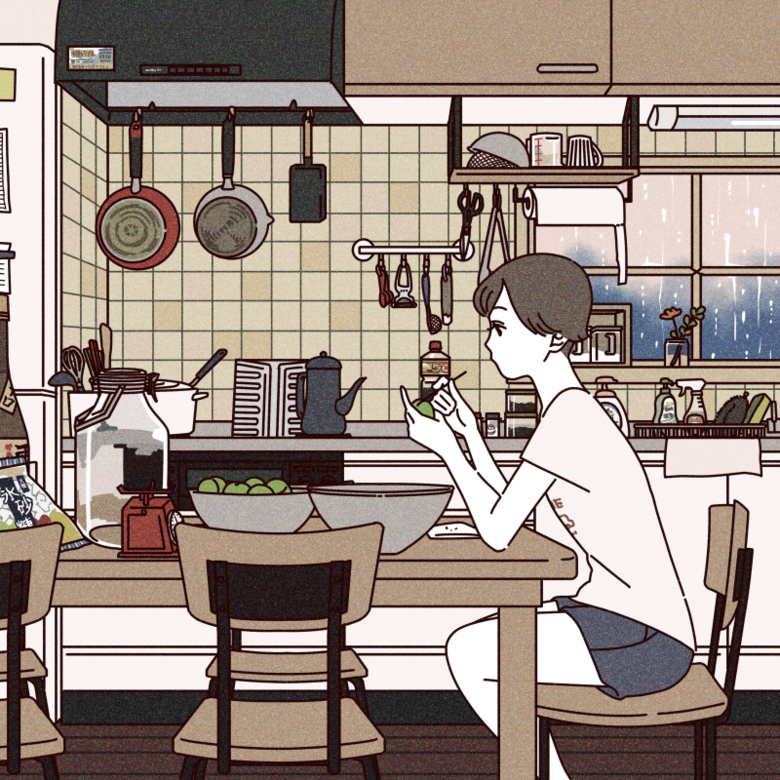 梅酒作りをする女性。マダムだけでなく、何気ない日常のシーンを描いた作品も