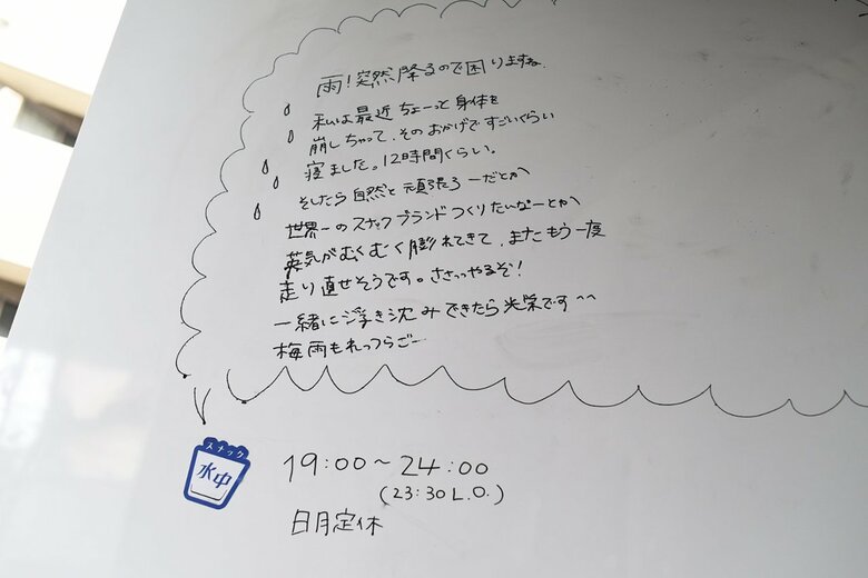 外壁のホワイトボードには坂根さん手書きのメッセージが