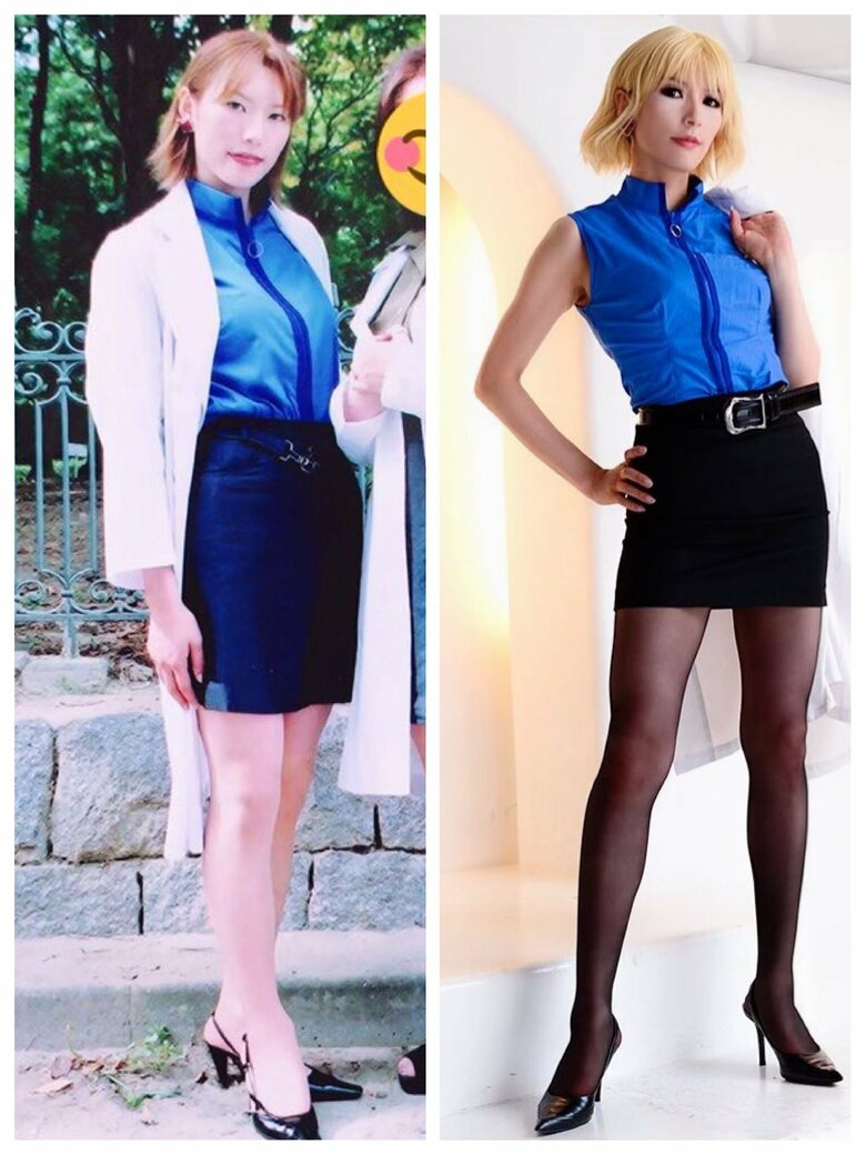 『新世紀エヴァンゲリオン』の赤木リツコのコスプレ。左は20代、地毛でコスプレしていたときの一枚。右は30代で再挑戦したときのもの。完成度がどんどん上がっている