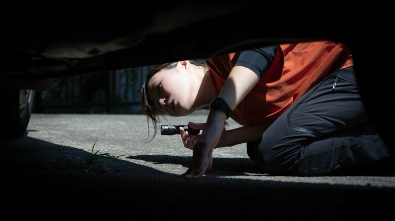 車の下など狭い場所もくまなく捜索する遠山さん