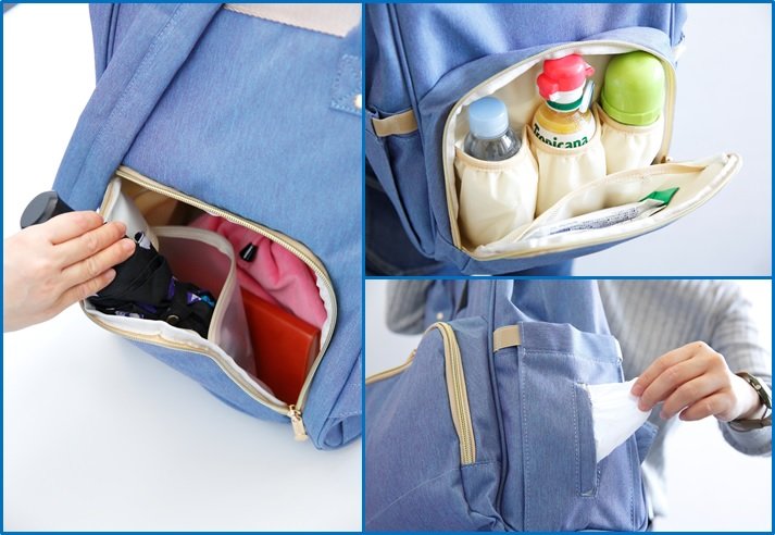 ▲（右上） 保冷や防水機能が嬉しい！（右下）ティッシュを入れる専用ポケットがついています。（左）傘はサイズにより入らない場合もあります。