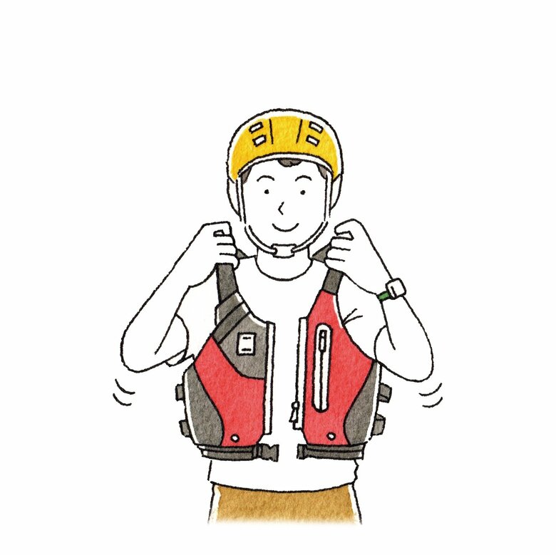 ライフジャケットや水抜きの穴があるヘルメットは体にピッタリ合ったものを