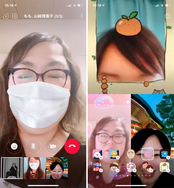 ▲画面分割の仕方を変えてみた。ちなみにこのマスクもフィルターのひとつ（写真＝左）。画面左下の顔のアイコンをタップすると、顔専用のフィルターが出てくる（写真＝右）