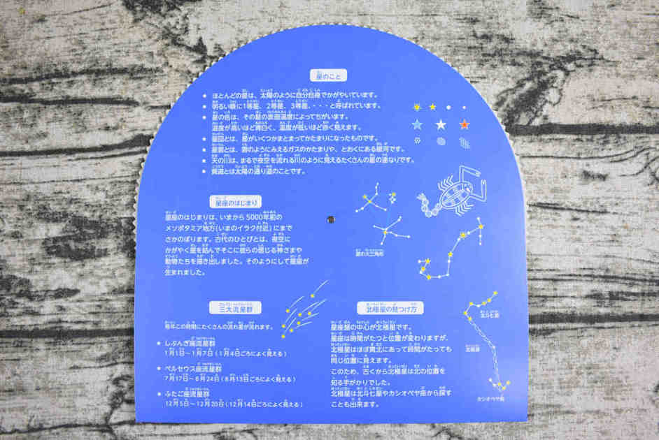ダイソー「夜空を楽しむ 星座盤」の実物裏面画像