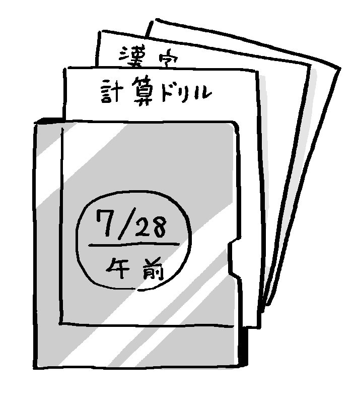 夏休みの勉強のコツ：その日やる分のドリルを数枚コピーしてクリアファイルにまとめておくとやる気アップ！