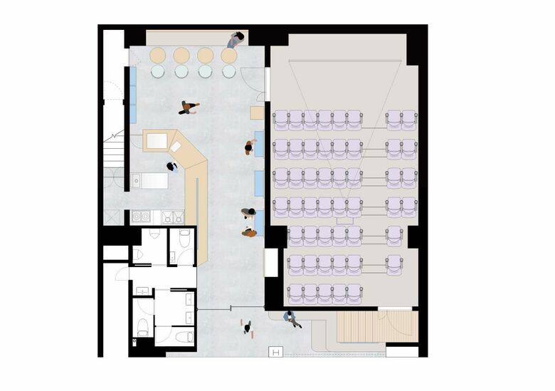 総面積約140平米のうち、70平米が劇場、50平米がカフェ、20平米がトイレになっている