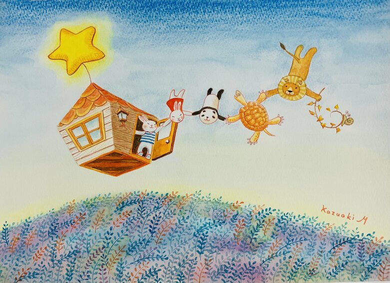 今年、絵本原画展で展示した絵（「さあいこう」）で、未発表作品『アンリとリダ』のいち場面が描かれている