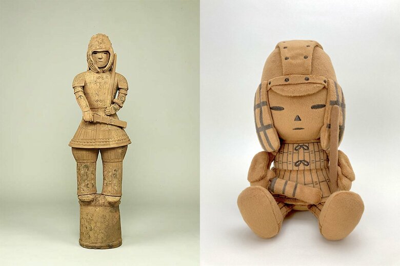 （左）3年にわたる全面修理を経て、修理後初公開となる武人埴輪の代表作「国宝　埴輪　挂甲の武人　群馬県太田市飯塚町出土　古墳時代・6世紀　東京国立博物館蔵　通期展示」（右）武人埴輪をモチーフにしたグッズ「埴輪　珪甲の武人ぬいぐるみ」