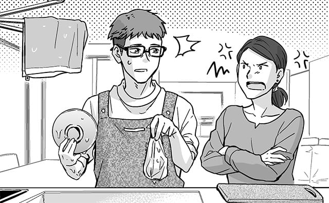 皿洗いのしかたをレクチャーする妻