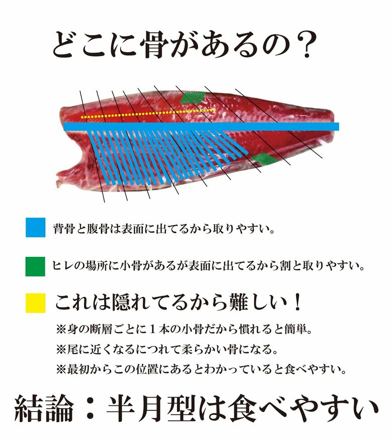 「半月型」の食べやすさは鮭の骨の位置でわかる！