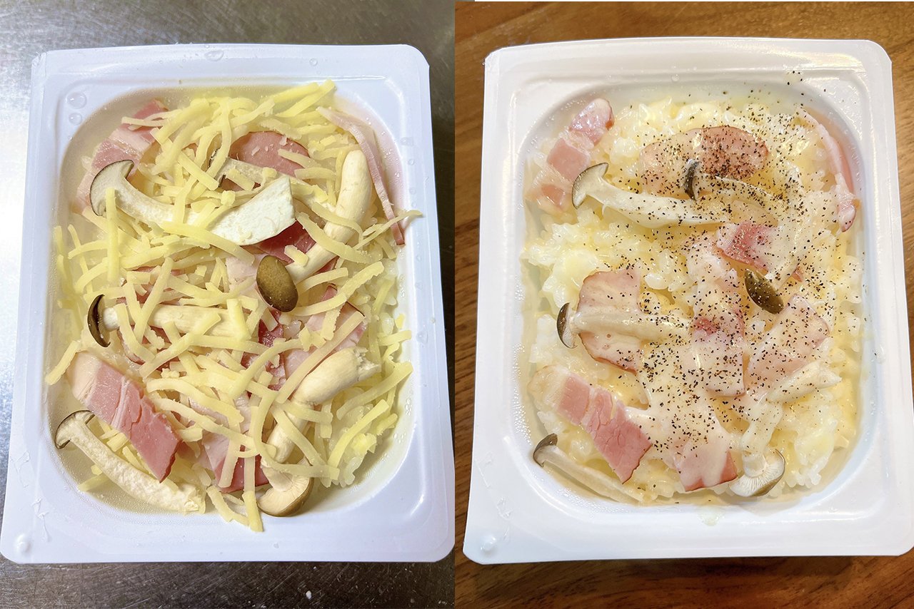 電子レンジで加熱する前(左)と加熱した後(右)の「パックごはんリゾット」