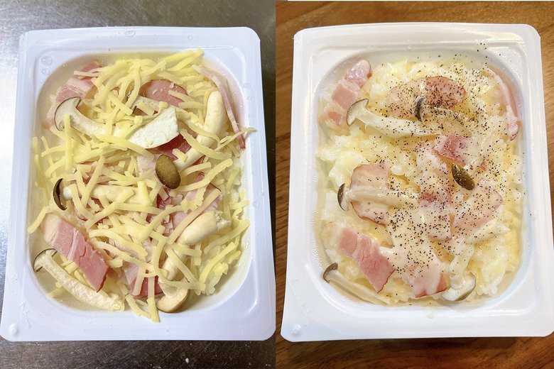 電子レンジで加熱する前（左）と加熱した後（右）の「パックごはんリゾット」