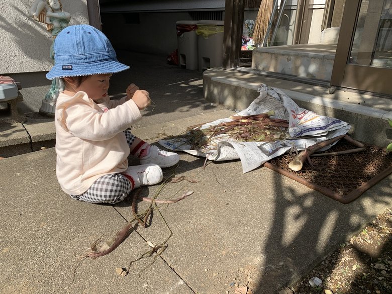 一番下のお子さんももう1歳。お正月のお雑煮に入れる「芋の茎」の下処理を上手にお手伝い
