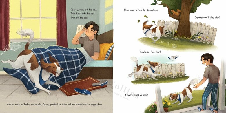 いきいきとした姿でデコピンが描かれている／『DECOY SAVES OPENING DAY（原書タイトル）』中面ページ