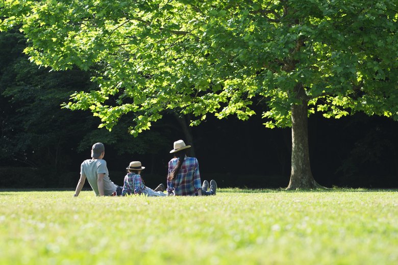 Father and mother and daughter relax on the lawn