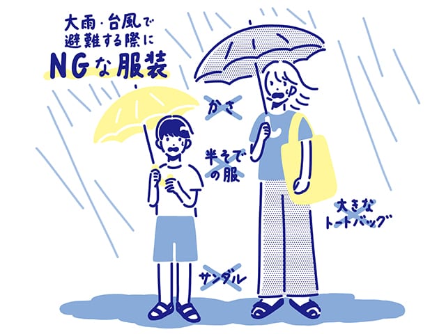 大雨や台風で避難する際にNGな服装