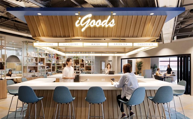 大学生たちが運営する「アイグッズカフェ」。社内のちょうど真ん中にあたる場所にあり、社員との交流も多いそう