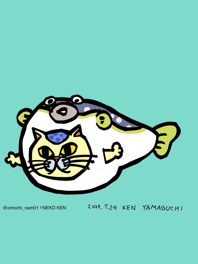 山口県！！ フグの着ぐるみを着て泳ぐ、ふぐネコさんだよ！！ （なみそさんのXの投稿より）