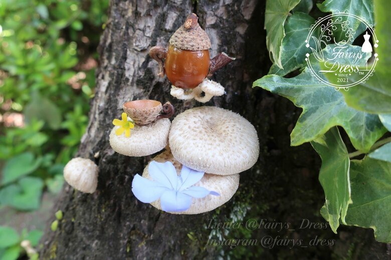 きのこのうえに置かれた、どんぐりのティーポットとティーカップ。妖精の休憩所をイメージした