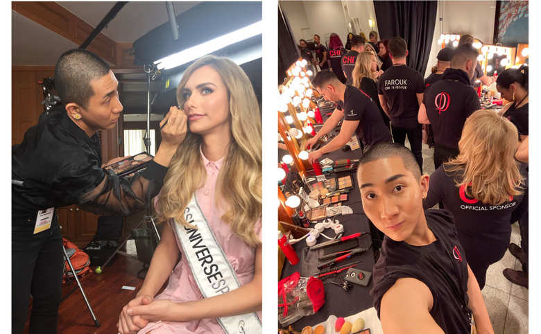 メイクアップアーティストとしてミス・ユニバースで活躍する西村さん。出場者にメイクを施す西村さん（左）、ミス・ユニバース2019のバックステージの様子（右）