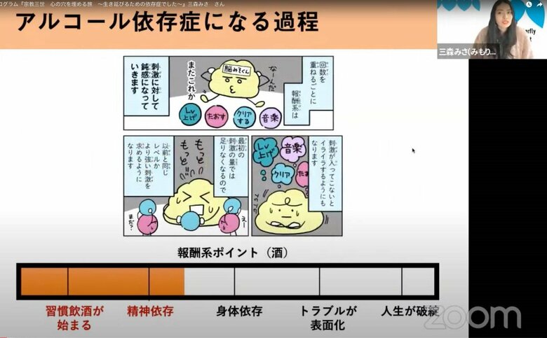 オンラインで依存症予防・啓発の講演を行う三森さん