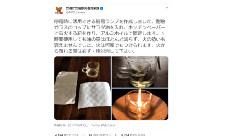 耐熱ガラス容器、キッチンペーパー、サラダ油、アルミホイルで簡易ランプができる。