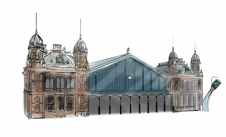 世界一美しいマクドナルドと呼ばれるハンガリー・ブダペストにある駅舎内店舗をイラストで描いて作品