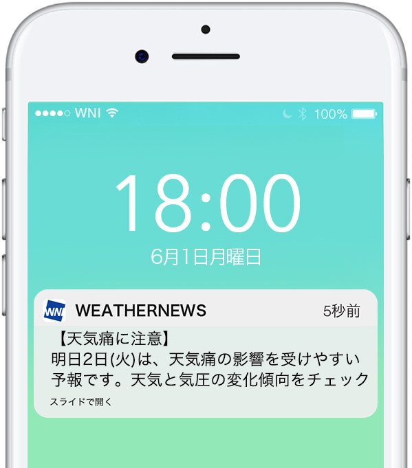 翌日の天気痛リスクが「注意」「警戒」の場合、プッシュ通知される「天気痛アラーム」