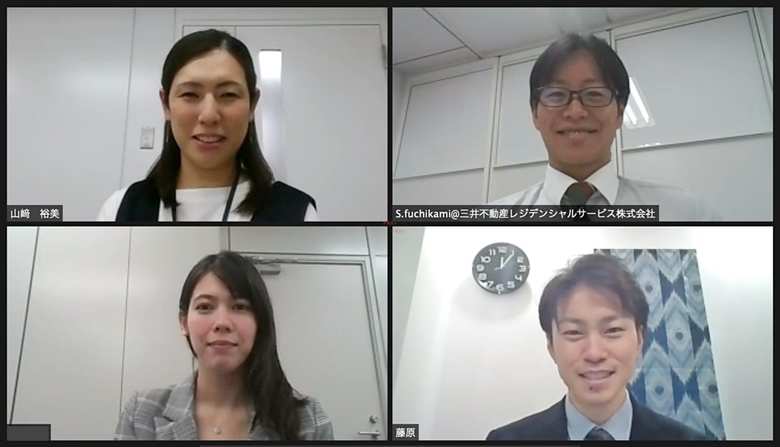 PROFILE左上：営業事務の山﨑裕美さん。2005年入社。2児のママ。 右上：営業スタッフの渕上峻平さん。2015年入社。昨年は育児休業（1ヶ月）も取得。左下：営業スタッフの劒持紅瑛グレースさん。2014年入社。1児のママ。右下：人事部人事課の藤原政善さん。2014年入社。働き方改革を推進中。