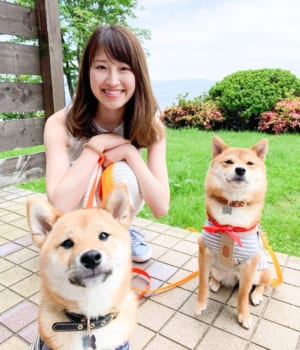 豆柴の福ちゃん(右)、富くんと笑顔のママさん