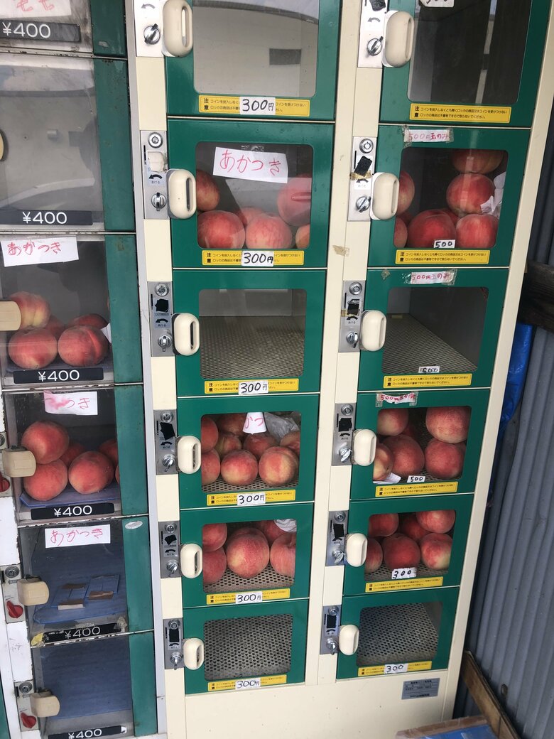 19.4万いいねと話題になった最強の自販機には桃がゴロゴロと入っている（撮影・BeKoさん）