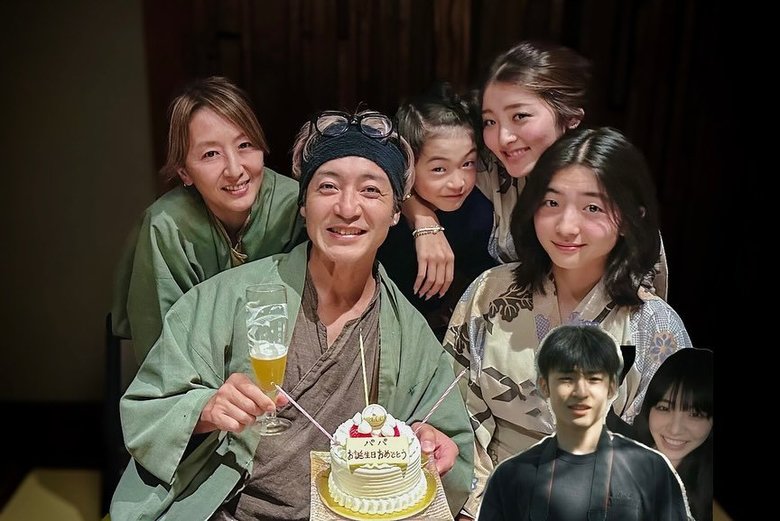 左から妻、つるのさん、次男、長女、長男、三女、49歳の誕生日に