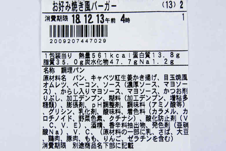 ボリューミーな具材がたくさん入ったファミマ「お好み焼き風バーガー」は、561カロリー。パンとしてはややカロリー高めですが、これ1つでお腹が満たされることを考えたら妥当なカロリーでしょう。