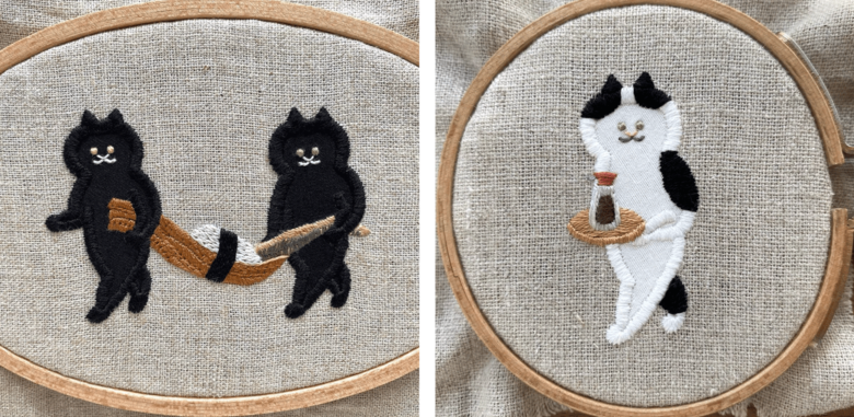 「運ぶねこ」シリーズの刺繍作品