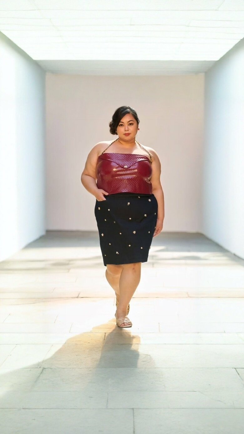 ロンドン・ファッションウィークで Renee Cafaro Atelier の衣装を身にまとう桃果さん