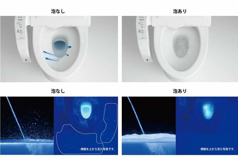 （写真上）模擬汚れを付着させて比較したもの。写真はイメージです。（写真下）汚れは擬似的に男性立ち小用を想定し、蛍光塗料を混ぜた水で、パナソニック基準により飛びハネ具合を比較。白く光っている所が飛びハネた跡。