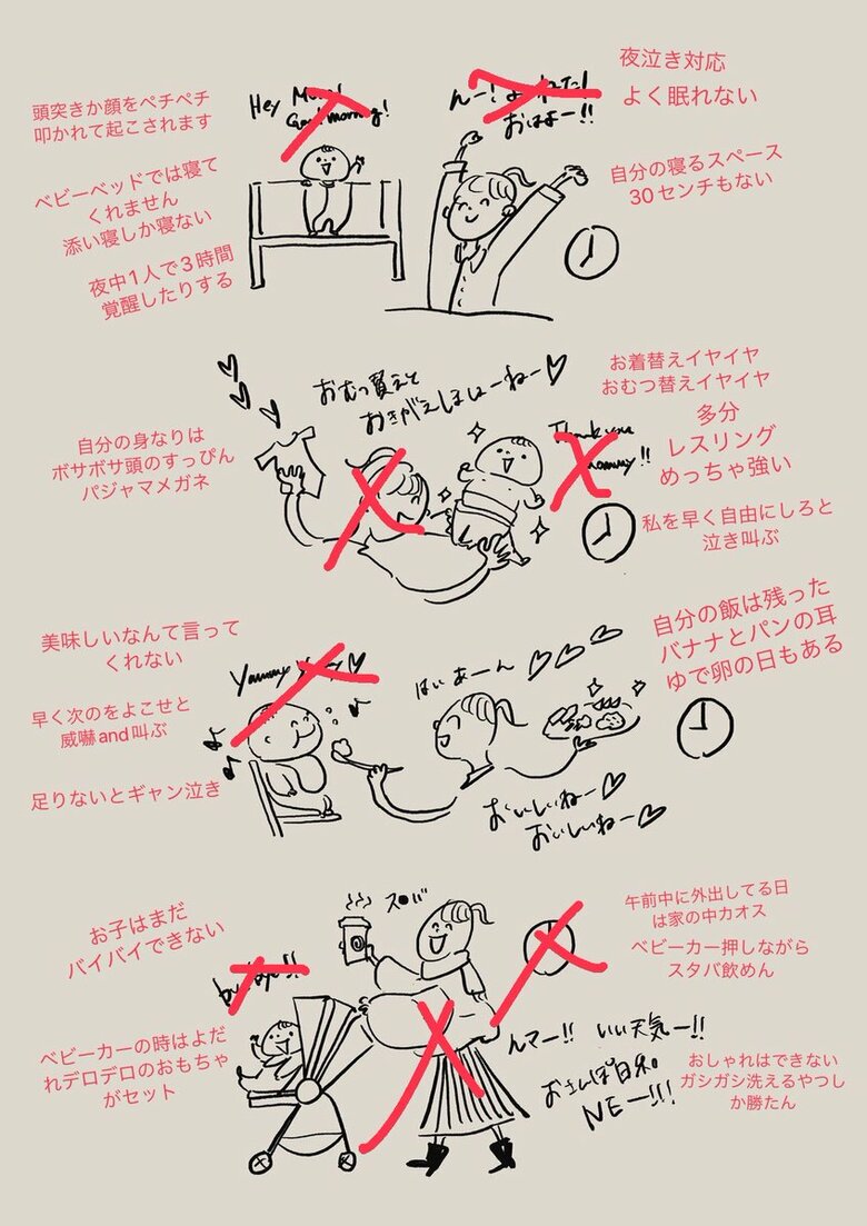 「夜泣き対応　よく眠れない」「自分の飯は残ったバナナとパンの耳」と赤ペンを入れた、にゃんさん（@calbeeoshi）の投稿
