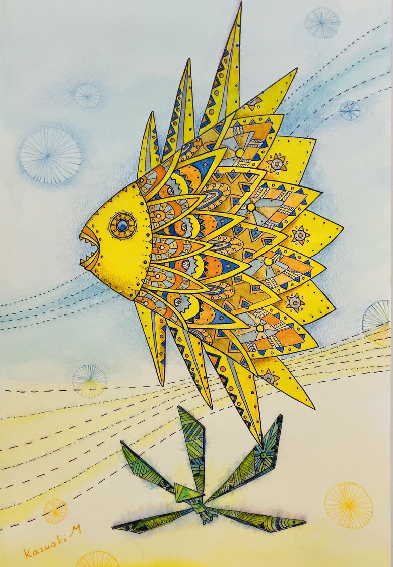 今年、絵本原画展をしたときに展示した絵（「パイナップルフィッシュとHa」）は来場者にも好評。スチールパンクな画風でみやもとさんお気に入りの1枚