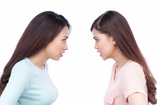 浮気相手とバトルする女性の画像