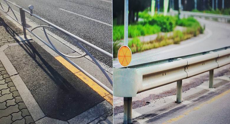 （左）ガードパイプ、（右）ガードレール