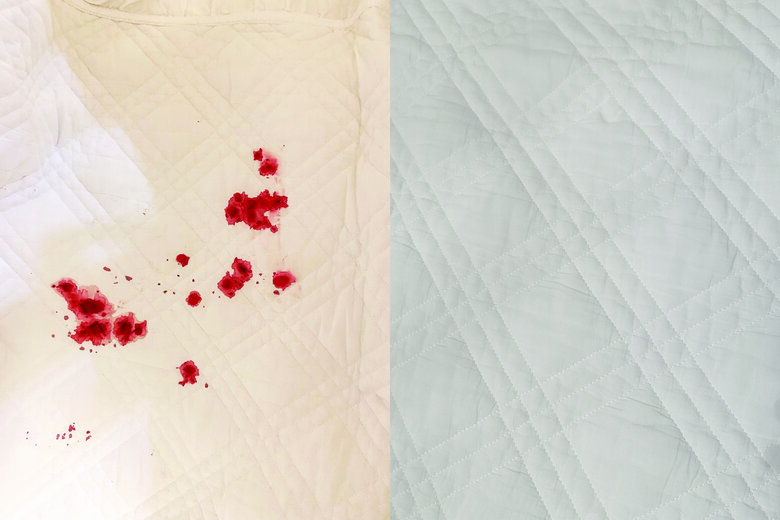 平島さんが開発した洗剤「Rinenna（リネンナ）」使用前と使用後（シーツ）