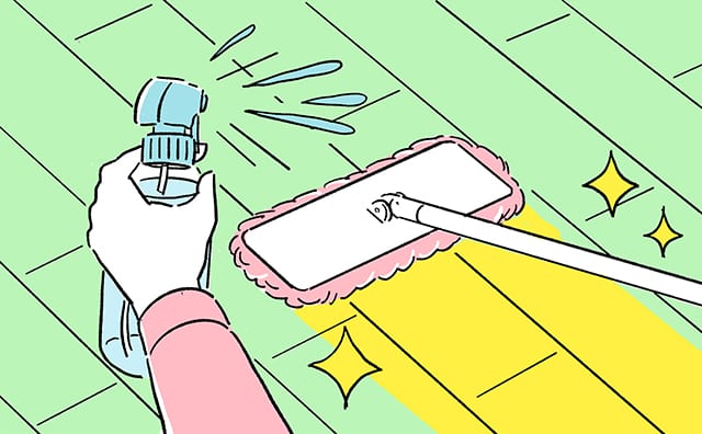 クエン酸水をかけながら床掃除する