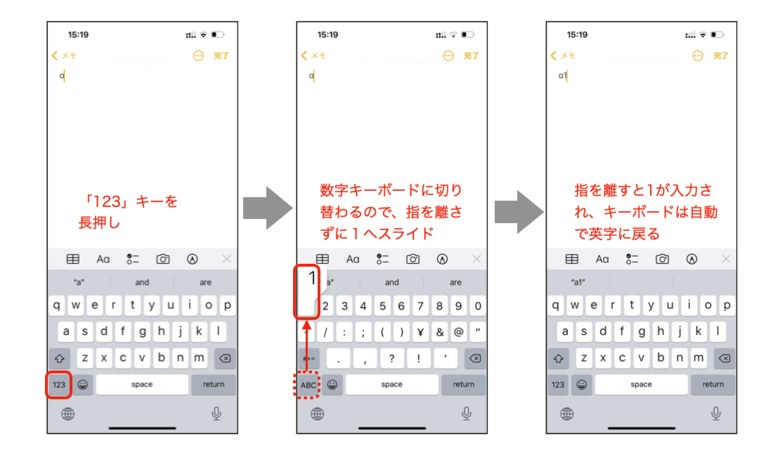 「123」キーを押したら指を離さずにスライドさせるのがポイント。数字を連続して押したい場合は、「123」キーを押したまま別の指で数字を入力すればOK