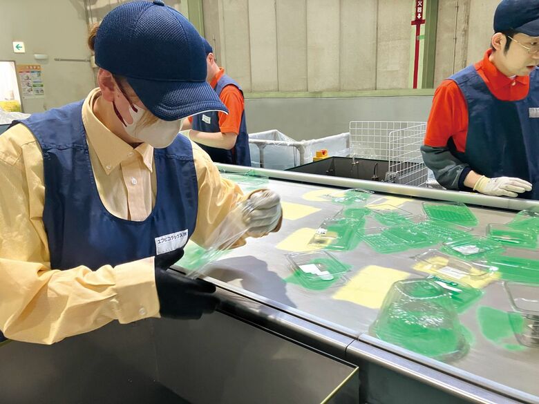 食品トレーに向き合う姿は真剣そのもの