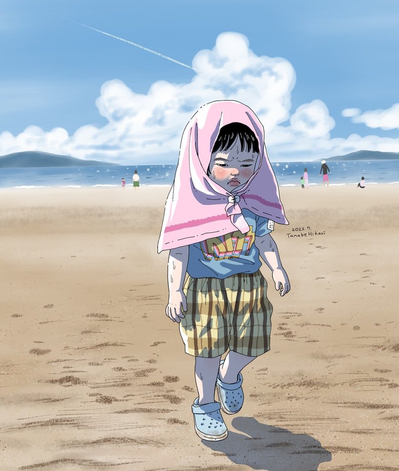 せっかく海に来たのに不機嫌そうなお子さんをイラストに