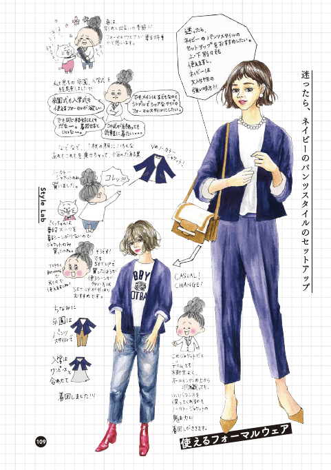 ▲フォーマルウエアを着回すきくちさんのアイデア。襟の形や色選びなど、なるほどなポイントばかり。