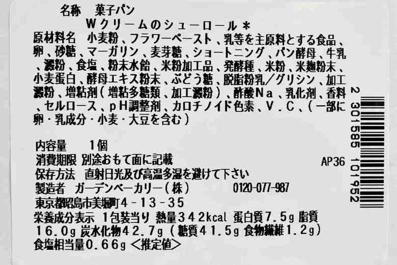 セブンイレブンの人気スイーツ「Wクリームのシューロール」の成分画像