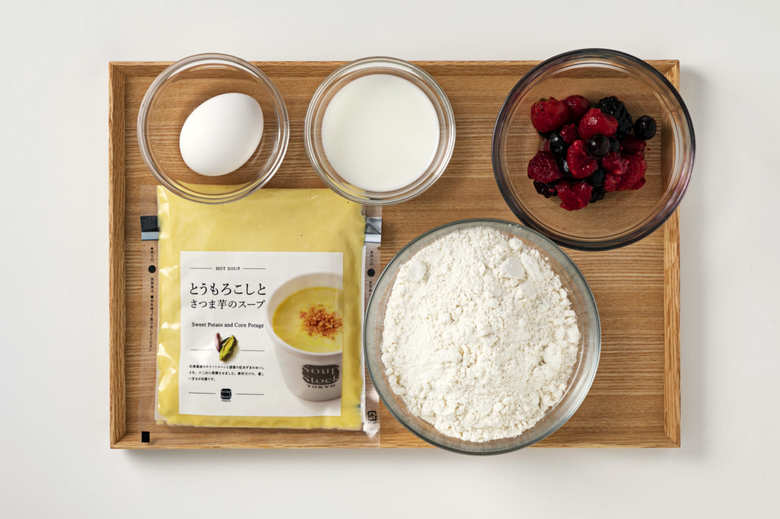 とうもろこしとさつま芋のパンケーキの材料