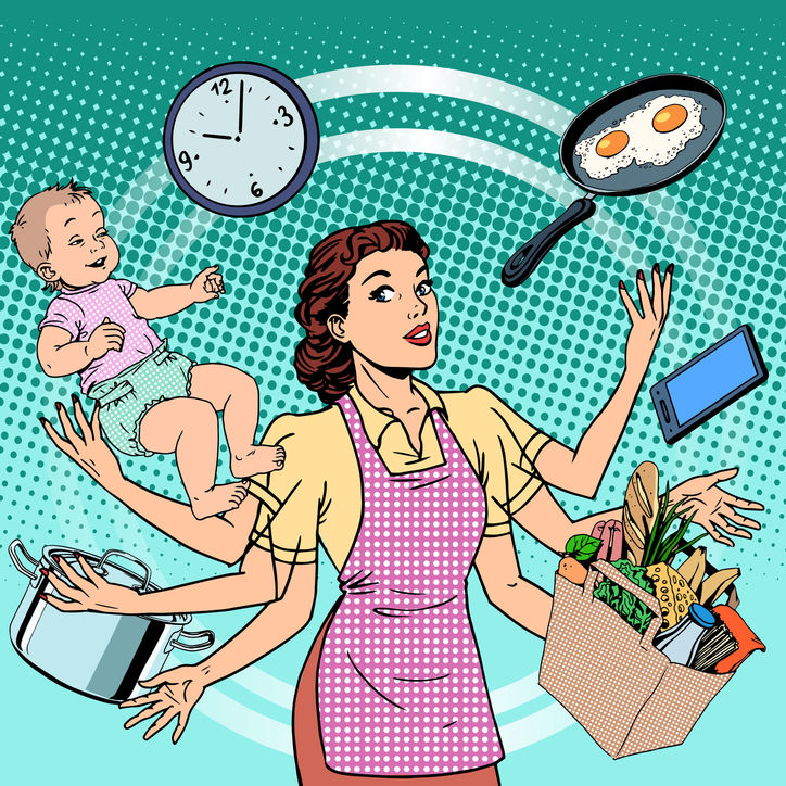46970146 - housewife work time family success woman pop art retro style. a woman plans the time and manages to do everything around the house. child care, work via smartphone, cooking, household chores.